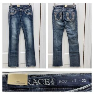 NWT Grace in LA Boot Cut Jeans Embellished Rhinestone Floral Womens 25 tall long